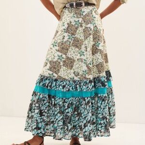 RAGA Patchwork Maxi Skirt in Cream, Teal and Black